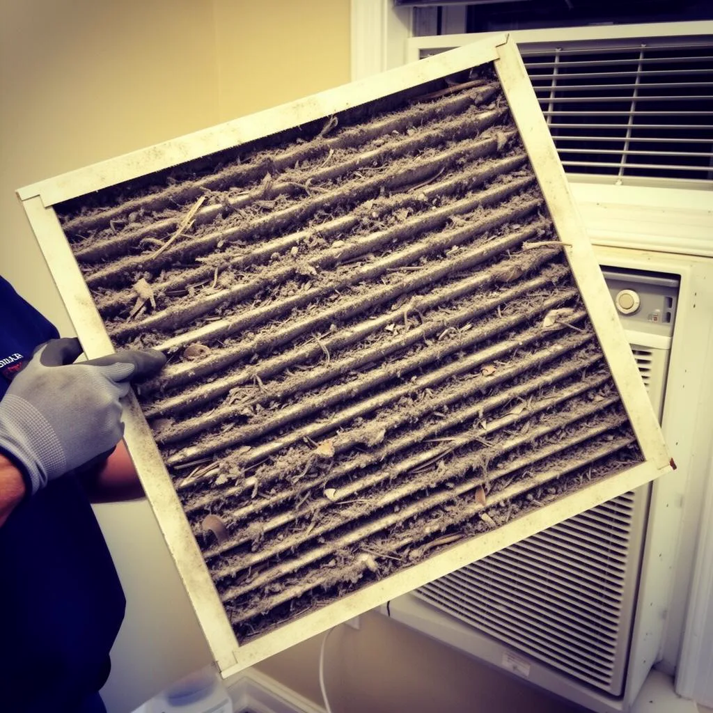 Clogged dirty air filter pulled from a Minneapolis MN home AC system
