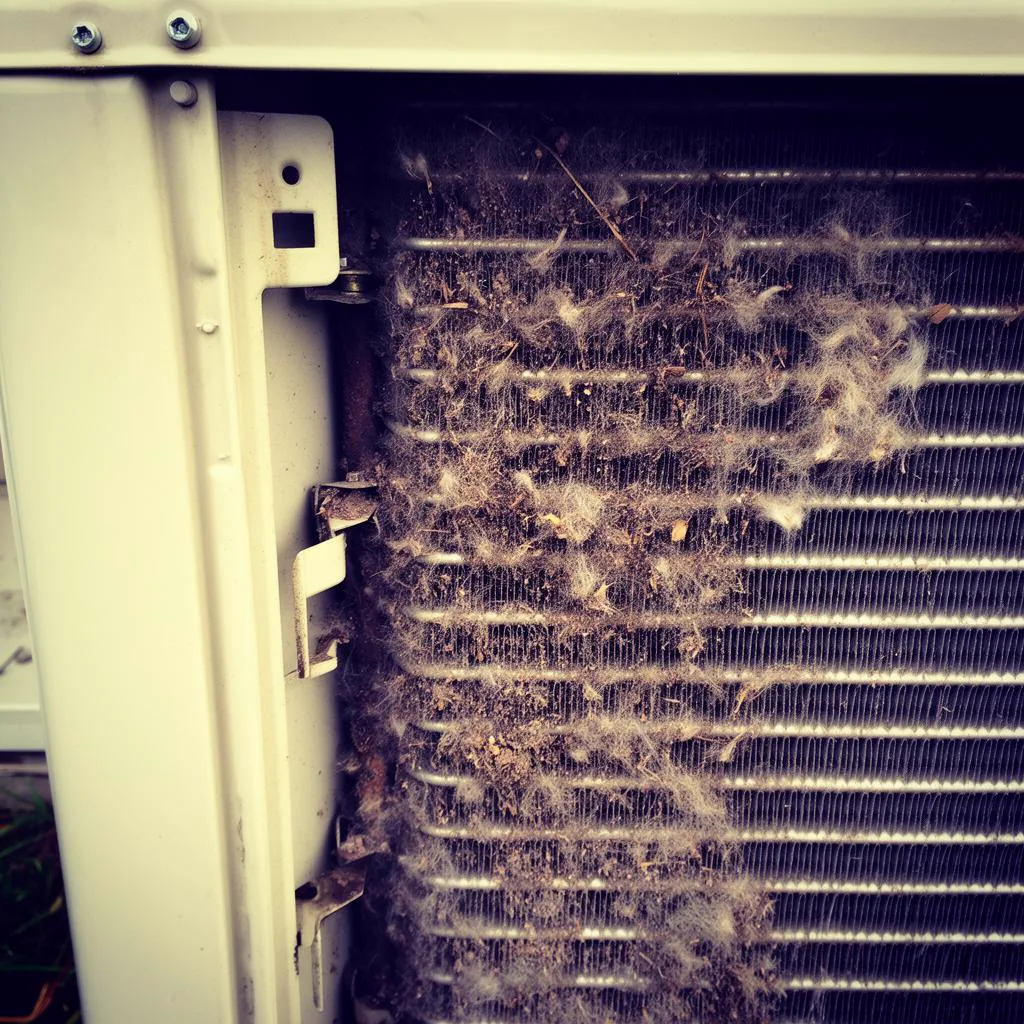 Dirty AC condenser coil packed with debris at a Minneapolis MN home