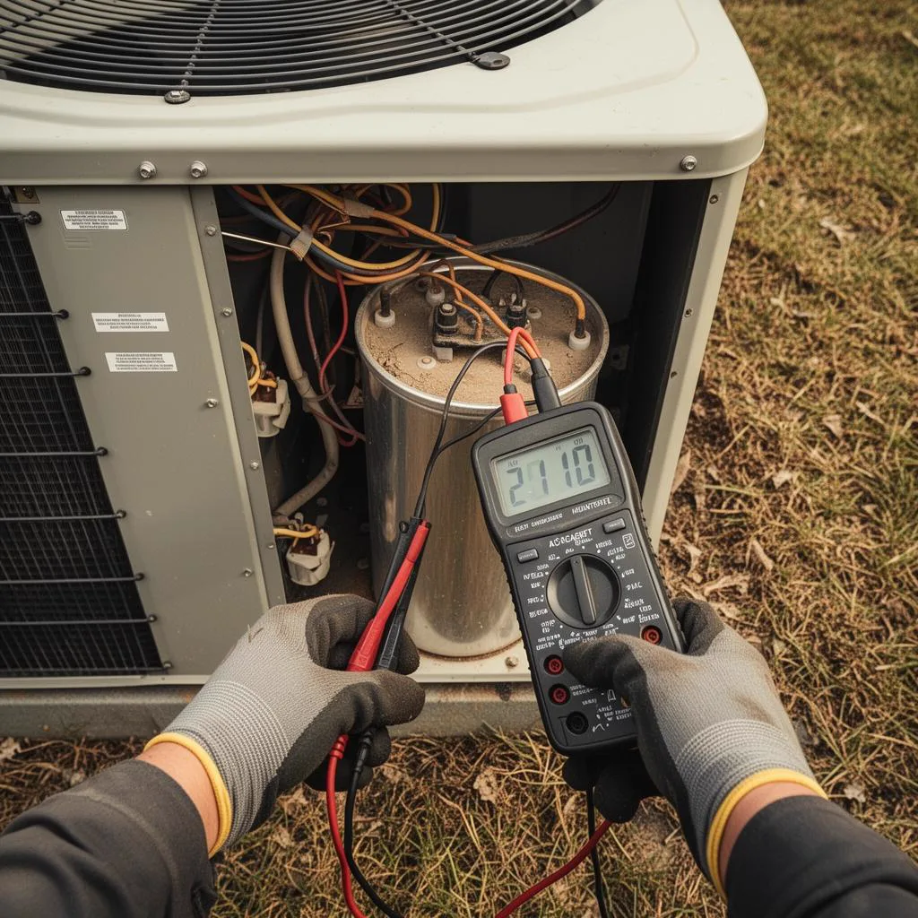HVAC technician testing an AC capacitor with a multimeter during a service call in Minneapolis MN